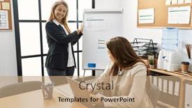  Presentation with office workers - Slide deck having mother-and-daughter-business-workers background and a coral colored foreground