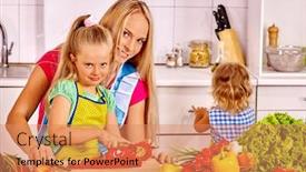  Presentation with vegetarian - Presentation theme with mother and daughter cooking vegetarian food at kitchen background and a coral colored foreground