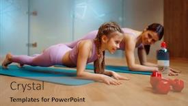 Presentation with press - Audience pleasing slide set consisting of mother-and-daughter-doing-press backdrop and a coral colored foreground