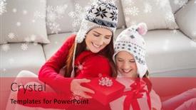  Presentation with snowflakes - Theme with mother and daughter exchanging gifts at christmas against snowflakes background and a red colored foreground