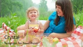  Presentation with picnic - Slide deck with mother and daughter have picnic eating apples outdoor background and a coral colored foreground