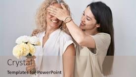  Presentation with hand holding flowers - Presentation design consisting of mother-and-daughter-holding-bouquet background and a coral colored foreground