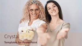  Presentation with hand holding flowers - Slide deck having mother-and-daughter-holding-bouquet background and a coral colored foreground