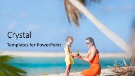  Presentation with sprout - PPT layouts enhanced with mother and daughter holding small coconut sprout at tropical beach background and a light blue colored foreground