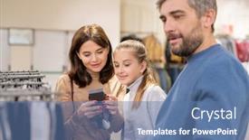  Presentation with new season - PPT theme featuring mother and daughter looking at price of warm knitted gloves for winter season while choosing new casualwear during sale background and a ocean colored foreground