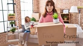  Presentation with new home - Slide deck having mother-and-daughter-moving background and a coral colored foreground