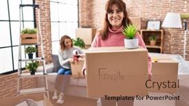  Presentation with new home sales - PPT theme having mother-and-daughter-moving background and a coral colored foreground