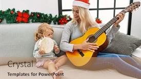 Presentation with tambourine - Theme with mother-and-daughter-playing-guitar background and a coral colored foreground