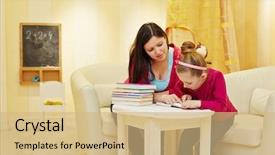  Presentation with daughter - Colorful PPT layouts enhanced with mother and daughter read book sitting at table in armchair in playroom backdrop and a coral colored foreground