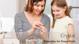  Presentation with sew - Slide set consisting of mother-and-daughter-sew-clothes background and a soft green colored foreground