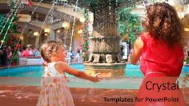  Presentation with water fountain - Presentation design featuring mother and daughter stand near fountain and play with jet of water background and a red colored foreground