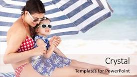  Presentation with beach toys on sand - Presentation theme with mother and daughter under beach background and a lemonade colored foreground
