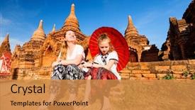  Presentation with ancient temples - Slide set featuring mother and daughter visiting ancient background and a gold colored foreground