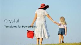  Presentation with walking together - Presentation consisting of mother and daughter walking together on beautiful summer meadow enjoying and having fun background and a light blue colored foreground