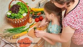  Presentation with fresh fruits vegetables - Presentation theme having mother and daughter with basket of vegetables and fresh fruits in kitchen interior parent and child healthy food concept background and a coral colored foreground