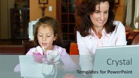  Presentation with working mother - Beautiful theme featuring mother and daughter working on laptops on a home background backdrop and a light blue colored foreground