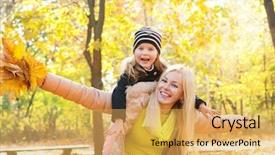  Presentation with motherhood - Presentation consisting of mother and daughter have a fun in autumn park happy motherhood concept outdoor background and a yellow colored foreground