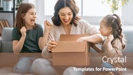  Presentation with cardboard - Slide deck having mother-and-daughters-are-unpacking background and a coral colored foreground