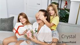  Presentation with confident - PPT layouts featuring mother-and-daughters-smiling-confident background and a coral colored foreground