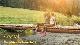  Presentation with forest bridge - Audience pleasing slide set consisting of mother and douther hikers with backpacks sitting and relaxing on wooden bridge enjoying view of sunset sky slovakian nature traveling along mountains and forest active lifestyle concept backdrop and a tawny brown colored foreground