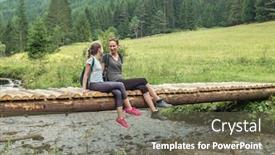  Presentation with forest bridge - Cool new PPT layouts with mother-and-douther-hikers backdrop and a tawny brown colored foreground