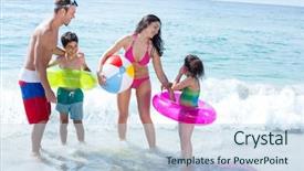  Presentation with sea shore - PPT layouts consisting of mother and father with son looking at girl standing on sea shore background and a sky blue colored foreground