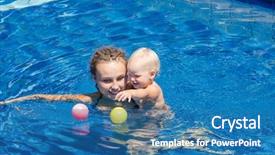  Presentation with woman child - PPT layouts consisting of mother and her child in the pool woman playing with a ball with his little daughter background and a teal colored foreground