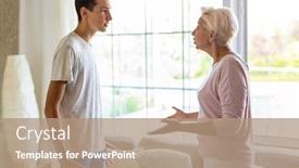  Presentation with home - Amazing PPT theme having mother-and-her-son-arguing backdrop and a coral colored foreground