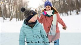  Presentation with snowball - Audience pleasing presentation design consisting of mother-and-kid-having-snowball backdrop and a light blue colored foreground