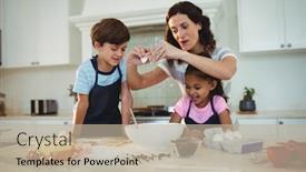  Presentation with cookie - Slides featuring mother and kids breaking egg in the bowl while preparing cookie in kitchen background and a mint green colored foreground