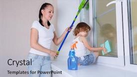  Presentation with displaying a happy mother cudd - Presentation design consisting of mother and little daughter cleaning background and a light blue colored foreground