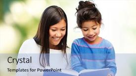  Presentation with children education - Beautiful presentation theme featuring mother and little daughter reading backdrop and a light blue colored foreground