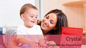  Presentation with home - Presentation consisting of mother and son are using laptop at home background and a red colored foreground