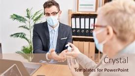  Presentation with medical business - Presentation theme having mother-and-son-business-workers background and a coral colored foreground