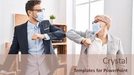  Presentation with medical business - PPT theme enhanced with mother-and-son-business-workers background and a coral colored foreground