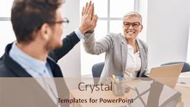  Presentation with office workers - PPT theme consisting of mother-and-son-business-workers background and a soft green colored foreground