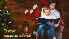  Presentation with celebrate - PPT theme featuring mother and son celebrate christmas in a decorated house with a christmas tree and read the book background and a wine colored foreground