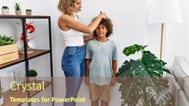  Presentation with mother child - Slide deck with mother-and-son-measuring-child background and a violet colored foreground