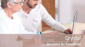  Presentation with laptop - Amazing PPT layouts having mother-and-son-on-laptop backdrop and a coral colored foreground