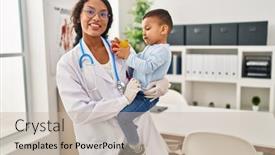  Presentation with pediatrician - PPT theme with mother-and-son-pediatrician background and a mint green colored foreground