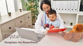  Presentation with pediatrician - PPT theme consisting of mother-and-son-pediatrician background and a soft green colored foreground