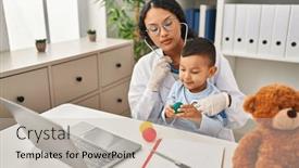  Presentation with pediatrician - Presentation theme featuring mother-and-son-pediatrician background and a mint green colored foreground