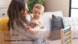  Presentation with home - PPT layouts with mother-and-son-playing background and a coral colored foreground