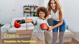  Presentation with boxing - PPT theme having mother-and-son-smiling-confident background and a coral colored foreground
