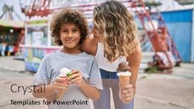 Presentation with ice cream - PPT theme consisting of mother-and-son-smiling-confident background and a coral colored foreground