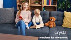  Presentation with smartphone - Slide set enhanced with mother-and-son-using-smartphone background and a ocean colored foreground