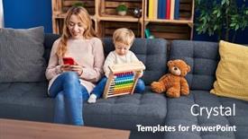  Presentation with smartphone - Presentation theme enhanced with mother-and-son-using-smartphone background and a ocean colored foreground