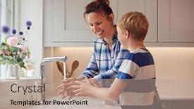 Presentation with infection - PPT layouts having mother-and-son-washing-hands background and a coral colored foreground