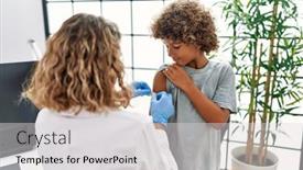  Presentation with aid - Presentation theme featuring mother-and-son-wearing-doctor background and a light gray colored foreground