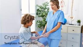  Presentation with rehab clinic - PPT layouts featuring mother-and-son-wearing-physiotherapist background and a light blue colored foreground